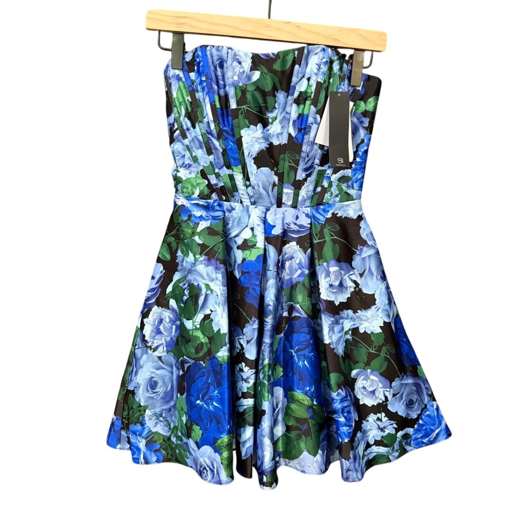 NWT Blondie Nites Blue Floral Strapless Fit and Flare Party Dress Size 1